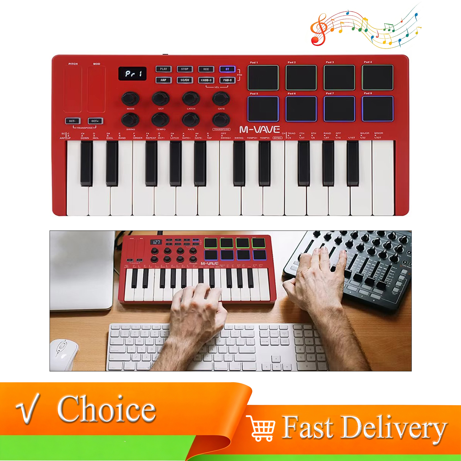 Midi Controller Pad - M-VAVE Red 25-Key MIDI Control Keyboard