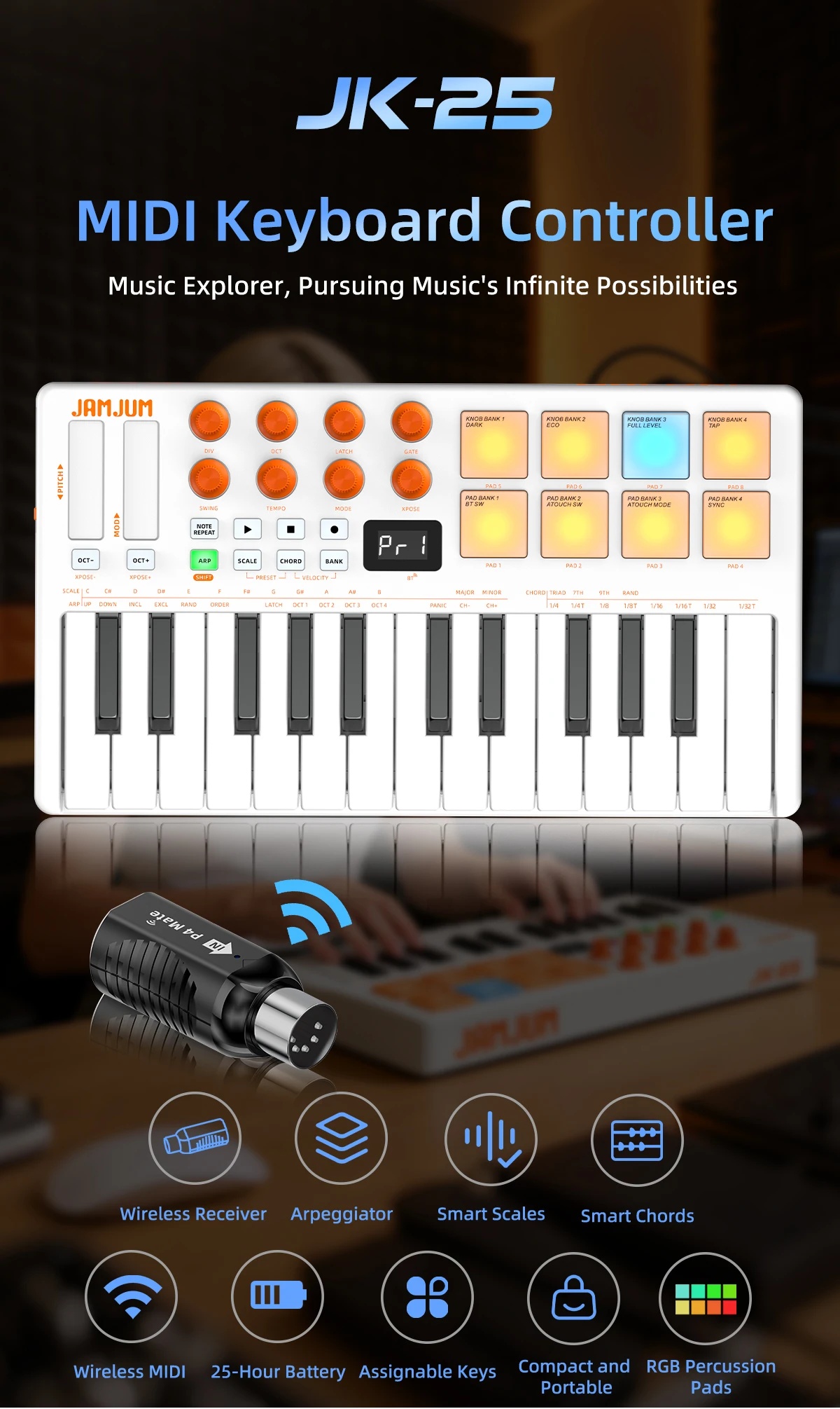 JAMJUM JK-25 White/Black Wirel - Midi Controller Pad reseña y precio