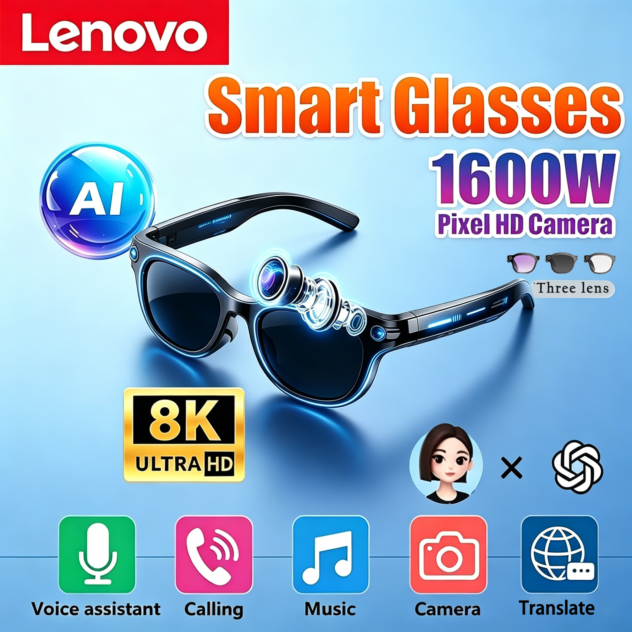 Lenovo 8K HD AI Smart Glasses  - Audio Music To Video Ai reseña y precio