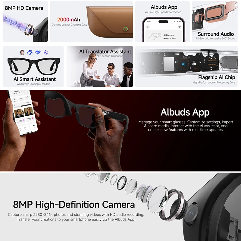 8MP HD CameraAl Smart Glasses  - Audio Music Recognition reseña y precio